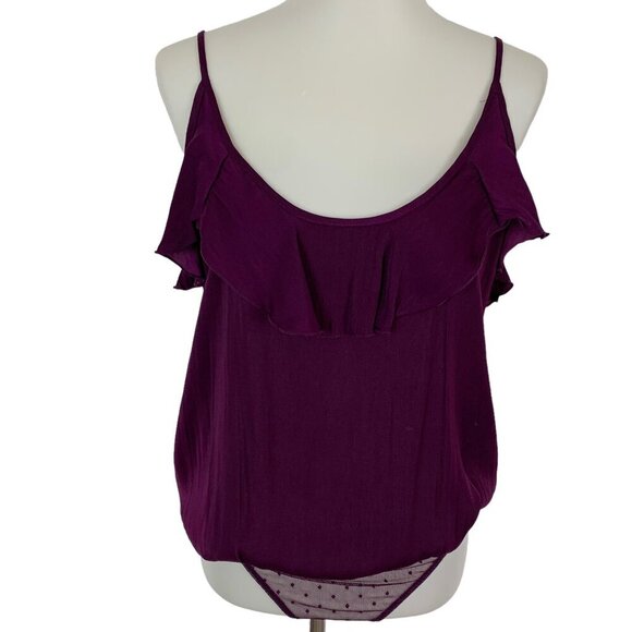 Free People Intimately Plum Ruffle Bodysuit Spaghetti Strap Stretchy Flirty M - Picture 2 of 4